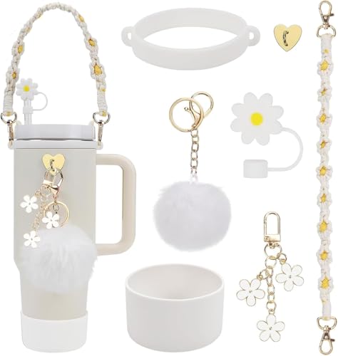7PCS for Stanley Cup Accessories Kit White Silicone Tumbler Set with Straw Cover Boot Handle Strap & Charms for 30/40oz Tumblers Protective & Decorative Essentials for Stanley Cups