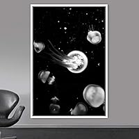 Framed Canvas Wall Art Jellyfish Bedroom Colorful Jellyfish Marine Life Multicolor Neon Photography Tropical - 16x24 inches