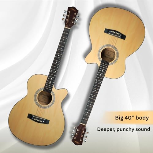 Image of Henrix 40C 40 Inches Basswood Cutaway Acoustic Guitar with Dual Action Truss Rod, Gigbag, Picks, String Set, Strap, Cloth & Ebook- Natural