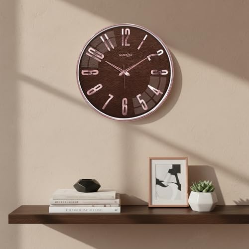 Image of RANDOM Silent Wall Clock, Brown with Rose Gold, Non-Ticking Quartz Movement, Metal Hands, 3D Foiling Numbers, HD Clear Glass