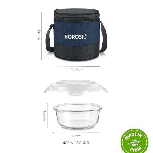 Image of Borosil Elite Lunchbox with Bag | 400ml x 2 Round Container Set | Borosilicate Glass, Round, Vertical | Microwave & Dishwasher Safe, Leak Proof | Tiffin for Office, School, College | Vertical