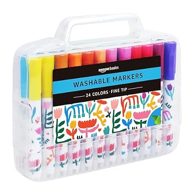 Amazon Basics Washable Markers for Kids, Fine Tip Assorted Colors, Non-Toxic Drawing and Coloring School Supplies Set, Pack of 24