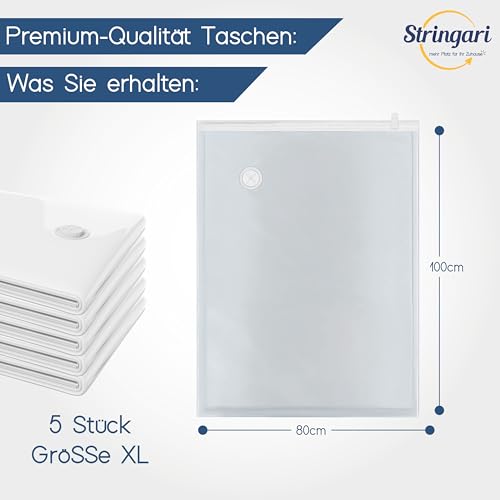 Stringari Vakuumbeutel für Kleidung Staubsauger 5er Set XL 100x80 – Vakuumbeutel für Bettdecken von Höherer Qualität – Die einzigen Vakuumierbeutel Kleidung mit 90 Mikron Stärke