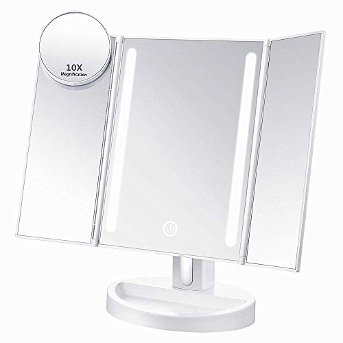 ASSIS Led Lighted Makeup Mirror with 10X Magnifying, Natural LED, Touch Screen and Auto Off Dual Power Supply, 180° Adjustable, Portable Compact Travel Trifold Vanity Mirror(White)