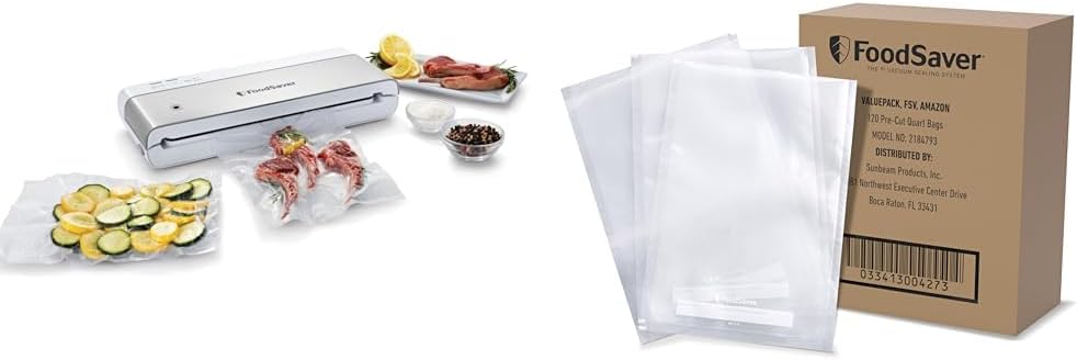 FoodSaver Compact Vacuum Sealer Machine with Sealer Bags and Roll for Airtight Food Storage and Sous Vide, White & Quart Vacuum Seal Bags, BPA-Free for Food Storage and Sous Vide, 120 Count