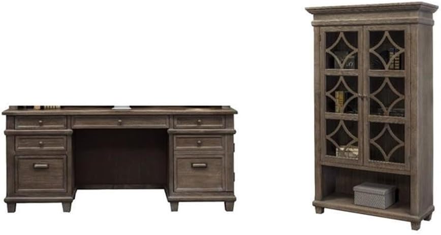 BOWERY HILL Set of 2 Credenza Desk Writing Table and Glass Display Bookcase