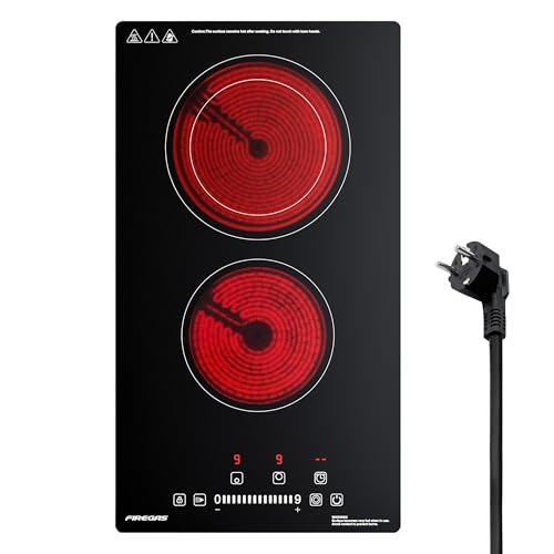 FIREGAS Plaque Vitrocéramique 2 Feux Encastrable – 3400W, 9 Niveaux de Puissance, Minuteur, Arrêt Automatique, Verrouillage Enfant, Indication de Chaleur Résiduelle