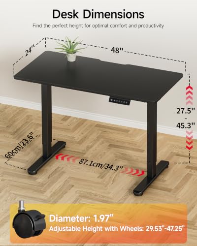 Image of Okin Standing Desk Electric Adjustable Computer Whole Piece Stand up Desk with Wheels Office Gaming Home Office Memory Desks 48x24 inches Black
