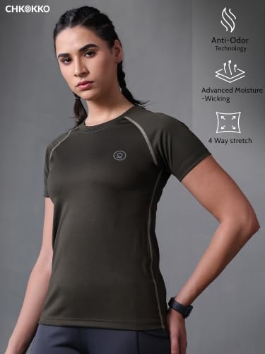 Image of CHKOKKO Women's Compression Gym T-Shirt for Running, Workout, Training, Sports & Activewear | Quick Dry Breathable Stretch Fabric | Body Fit Half Sleeve Athletic Sports Tee for Women