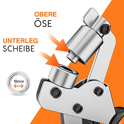 Meisterfaktur Profi Ösenzange - Minimaler Kraftaufwand - Sichere Ösenpresse mit 100 Ösen (Innen-Ø 10mm) - Ideale Ösenzange für Stoffe, Planen und Sonnensegeln!… (10mm)