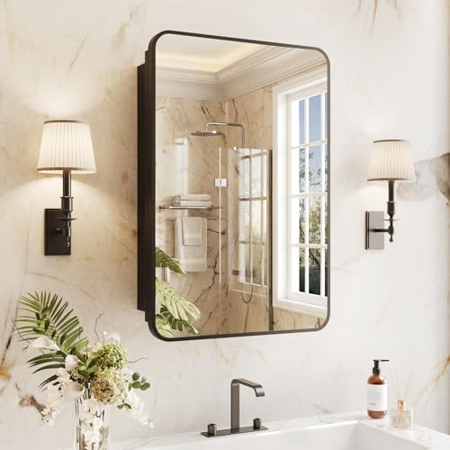 Yunnshee Yursa Medicine Cabinet Mirror 16x24 Inch Black Bathroom Mirror Cabinet with Stepless Adjustable Shelves Rounded Rectangle Metal Framed Bathroom Mirror with Storage Recessed or Wall Mount