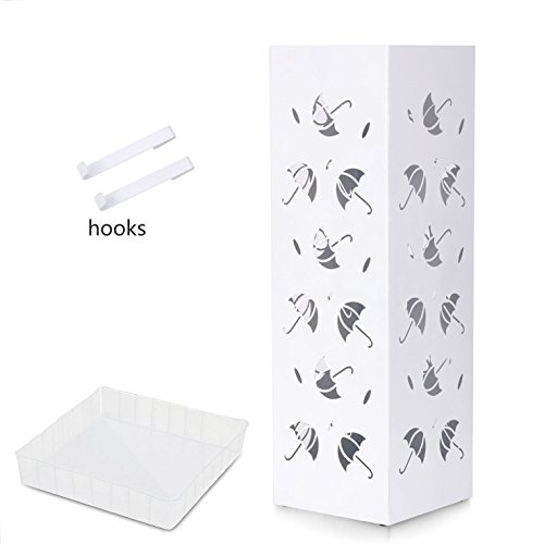 amzdeal Porte Parapluies en Métal 55x18x18cm Carrée, Rangement de Parapluie avec 2 Crochets et 1 Plateau Design Moderne - pour Entrée de Maison Bureau Hôtel Magasin (Blanc Motif)