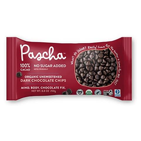 Pascha Organic Unsweetened Dark Chocolate Baking Chips 100% Cacao, UTZ, Gluten Free, Non GMO, No Added Sugar, 8.8 Ounce (Pack of 6) Cover
