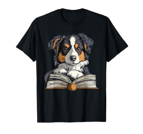 Cute Dog Australian Shepherd Reading Book T-Shirt