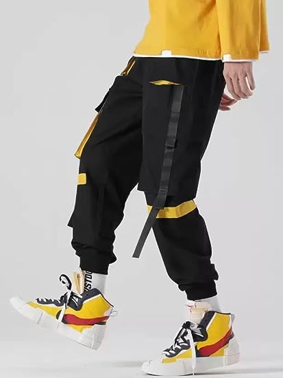 Ameeha Multi-Pocket Cargo Joggers Techwear Hip Hop Pants for Men and Women (L, Black-Yellow) 2