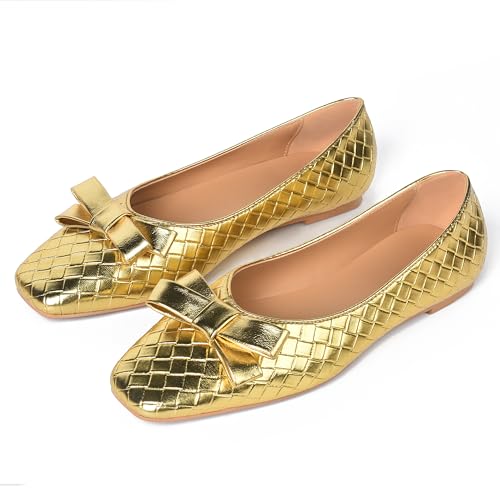 Woven Flats for Women Square Toe Ballet Flats Ladies Slip on Bow Ballerina Dress Shoes