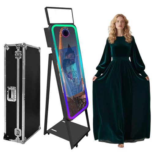 Cabina de fotos con espejo mágico con funda de vuelo, pantalla táctil portátil, máquina de fotos para selfies con anillo de luz, marco LED RGB para eventos, alquiler, bodas, fiestas (negro + estilo B,