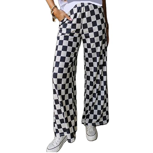 Women Checkered Pants Y2K High Waist Wide Leg Loose Fitted Gingham Lounge Pants Hip Hop Trouser Vintage Streetwear