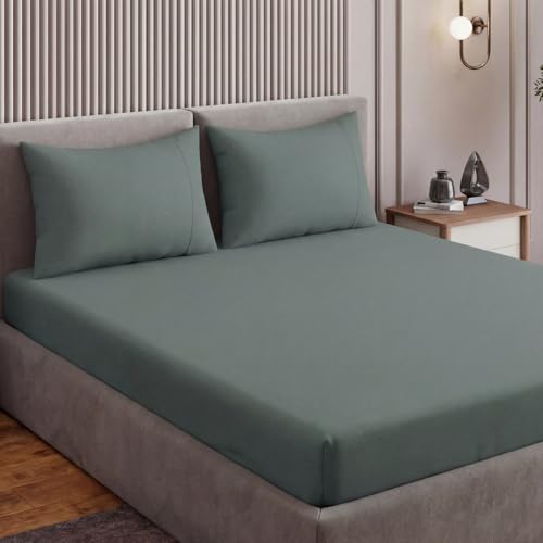 Image of Haus and Kinder Double Bedsheet, 300 TC 100% Organic Cotton Percale Weave, Fitted Bedsheet for Double Size Bed with 2 Pillow Covers - Marrow Stitch Detaling (Coastal Calm, 60 inchx78 inchx10 Size)
