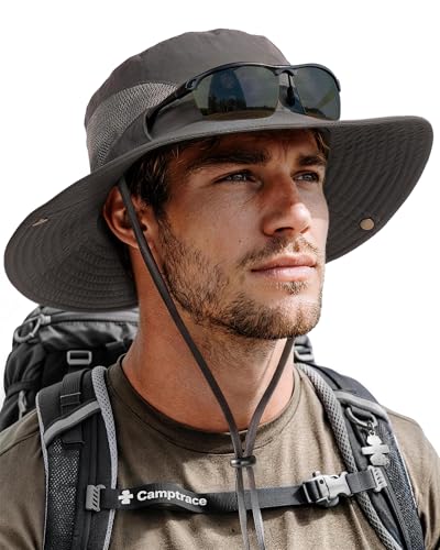 Sun Hats for Men Breathable UPF 80+ Wide Brim Bucket Hat, Outdoor Hiking Beach Fishing Hats Dark Grey