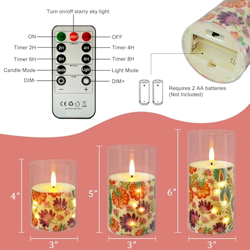 Image of Flickering Flameless Candles, Recessed String Light LED Candles 3D Wick Acrylic Battery Operated LED Pillar Candles with Remote and Timer for Modern Simple Home Decor Set of 3(Floral Printed)