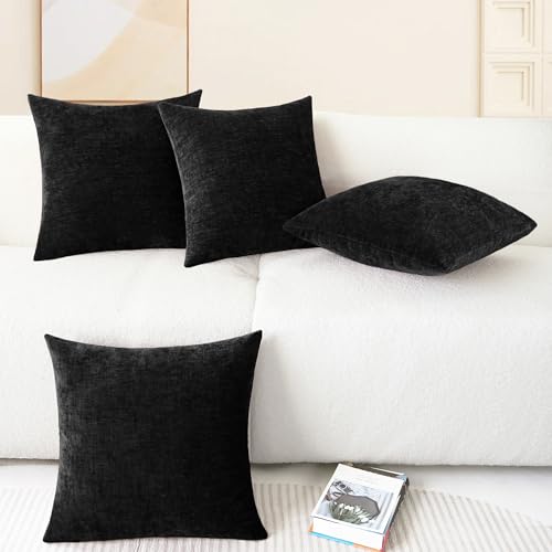 Image of CaliTime Throw Pillow Covers Decorative 18 X 18 Inches Pack of 4 Cozy Chenille Cushion Cases for Couch Sofa Bed Living Room Home Black