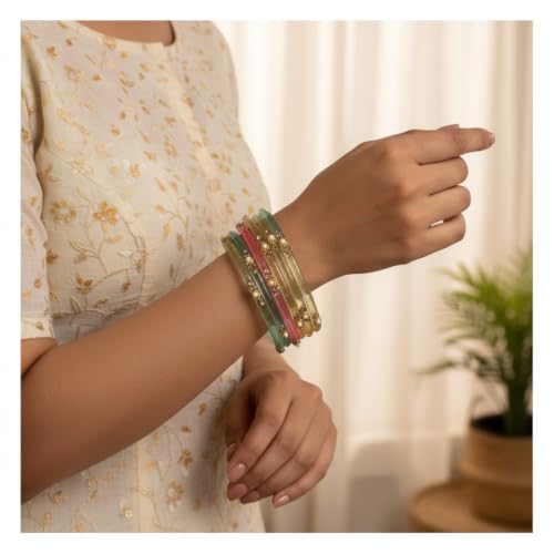 Image of SUNDRAM Women's Premium Fancy Glass Bangles for Women & Girls |with Zircon Gemstone Work & Charm| Traditional Ethnic Bangles Set of 12