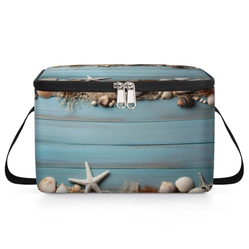 GzLeyigou Starfish Seashell Lunch Bags for Women Men 9 Cans, Hot & Cold Food Delivery Bag Insulated Grocery Bag Insulated Lunch Box Blue Wooden Cooler Bag for Office Work Picnic Beach