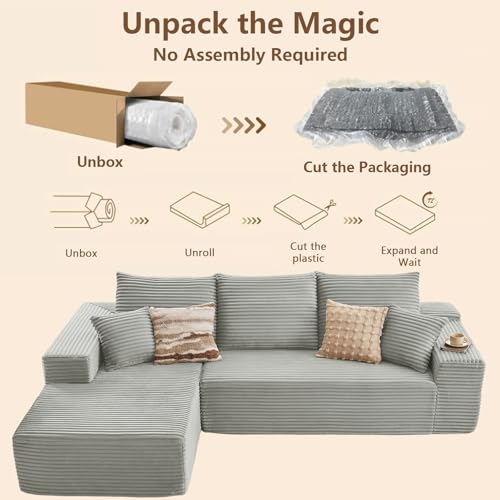 Image of 96 inch Modular Sectional Sofa, Modern Corduroy Cloud Couch with Deep Seat, Boneless Couch Upholstered 3-Seater L-Shaped Sofa for Living Room, No Assembly Required (Light Gray, Left-Facing Chaise)