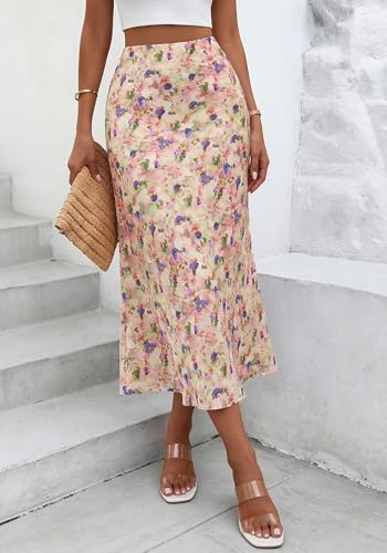 Image of BTFBM Satin Skirts for Women Trendy 2026 Summer Fall | High Waisted A-Line Leopard Print,Floral Print, Business Casual,Cocktail,Wedding Guest,Long Silk Midi Skirt