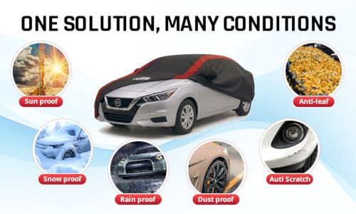 Image of Car Cover Custom Fit for Nissan Versa 2007-2026 | Red Strip Design, Driver Door Zipper, Windproof Strip, Oxford Cloth, Storage Bag