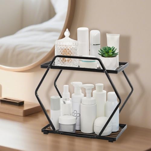WRINGKIT Organizador de baño de 2 niveles, organizador de perfume de metal negro para tocador, organizador de maquillaje de gran capacidad para baño, dormitorio, bandeja de exhibición de cosméticos