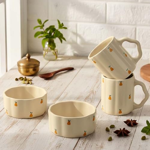 Image of The Earth Store Cream Pear 250ML Ceramic Bowl Set of 2 & 300ML Coffee Mug Set of 2 | Microwave & Dishwasher Safe Mug and Bowl Combo Set for Serving Tea Snack | Perfect for Gifting & Daily Use