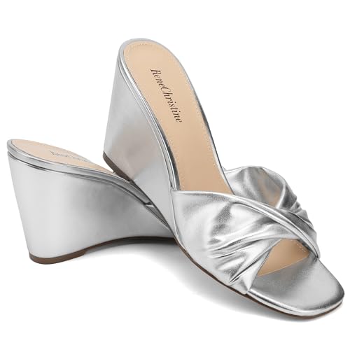 Image of Women's Wedges Heeled Slippers Fabric Heels Slip on Comfy Evening Dress Woven Sandals Square Toe Shoes for Women 3.3 inch Heels