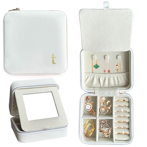 COLLECTIVE HOME - Travel Jewelry Case, Elegant Square Design with Gold Engraved Monogram, Built-in Mirror, Personalized Accessory Organizer for Rings, Necklaces, Gift for Women and Teens (t)