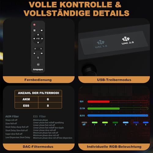 Ampapa Q1 Digital-Analog-Wandler: HiFi USB DAC Adapter 768 kHz/32 Bit DSD512, APTX-HD Bluetooth 5.2 Kopfhörerverstärker mit ESS9039+AK4493 für Heimstereo-Verstärker und Desktop-Hören