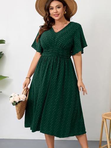 Image of RWJ Women's Plus Size Maxi Dress V Neck Short Sleeve Swiss Dot A Line High Waist Boho Swing Casual Summer Dresses