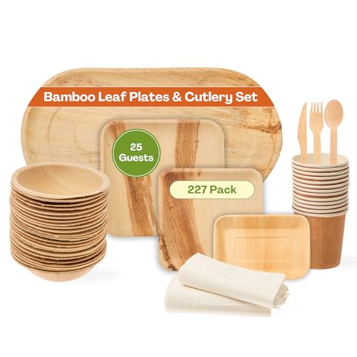 Natural Panaa 227 Pieces Biodegradable, Disposable Plates Party Paper Plates Set - Mother Nature's Choice for Bamboo Party Plates and Party Cups | 100% Compostable Disposable Cutlery