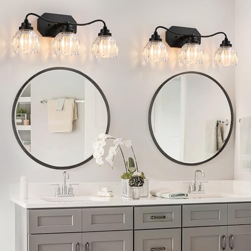 Image of Vintage Bathroom Light Fixtures, 3 Light Bathroom Vanity Light, Black Matte Antique Brass Finish with Crystal Glass Shade, Mid Century Wall Sconces for Bedroom, Living Room, Hallway