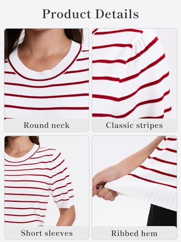 Image of Women Striped Short Sleeve Sweater Crew Neck Knit Top Pullover