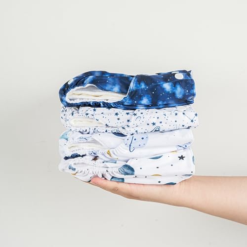 Image of HappyFlute 9 Sets Newborn Baby Cloth Pocket Diapers Adjustable Reusable for Baby Boys and Girls(6-33 pounds,0-3 Years),One Wet Bag+4Diapers and 4Inserts (AD09)