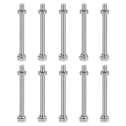 Image of uxcell M6 x 75mm Hex Head Screws Bolts, Nuts, Flat & Lock Washers Kits, 304 Stainless Steel Fully Thread Hexagon Bolts 10 Sets