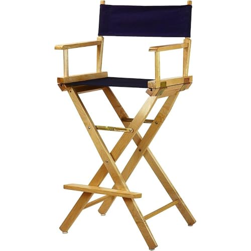 Oakestry 30 Inch Bar-Height Director’s Chair Sturdy Oak Wood Frame with Navy Fabric Seat Folding Tall Stool for Kitchen Island Portable High Chair for Patio Home Events
