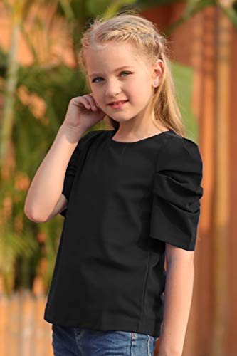 Image of GORLYA Girl's Puff Sleeve Casual Solid T-Shirt Pullover Keyhole Back Blouse Tops for 4-14T Kids