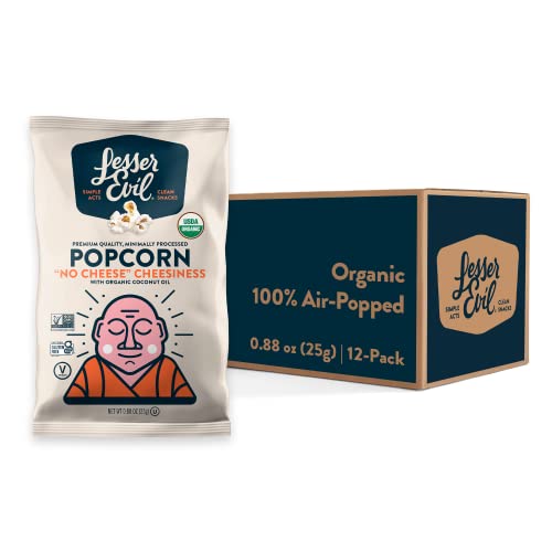 Image of LesserEvil No Cheese Cheesiness Organic Popcorn, Premium Quality, Minimally Processed, No Vegetable Oil, 0.88 Oz, Pack of 12