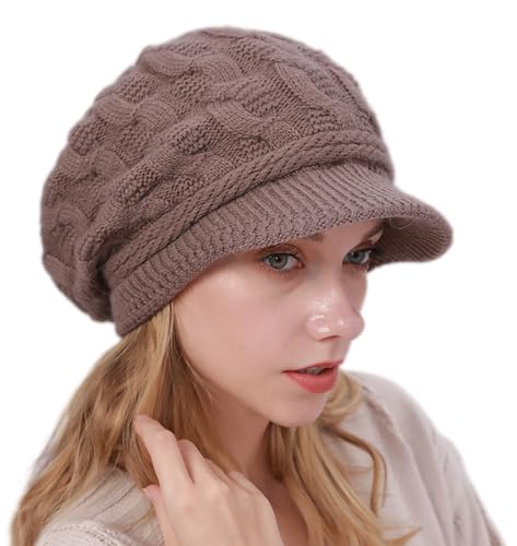 Womens Winter-Beanie-Hat Knitted Slouchy Hats Knit Snow Ski Skull Cap with Visor for Women Girls