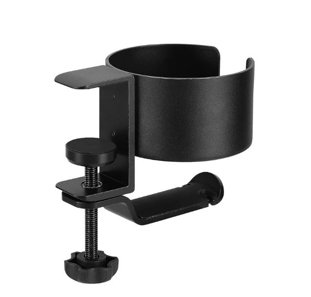 Yoko Meshi 2-in-1 Desk Cup Holder & Headphone Hanger - Black Aluminum Alloy & Silicone - Secure Grip, Anti-Spill, 360° Rotation - Fits 1cm-5cm Table Thickness - Perfect for Home, Work, Gaming Desks