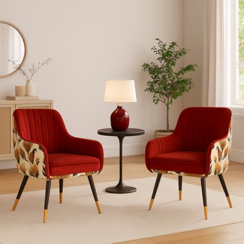 Image of Velvet Chair with Floral Pillow for Home | Modern Accent Armchair in Soft Velvet Fabric with Golden Legs | Set of 2 Premium Accent Chair for Living Room Bedroom (Red Floral)