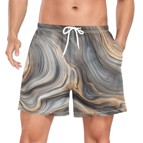 Mens Swim Trunks with Liner, Marble Abstruct Swirling Cool Quick Dry Beach Swim Shorts, Swimwear Bathing Suits S