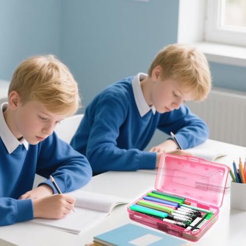 Image of Pink Clear Large Plastic Hard Pencil Box Case for Girls Boys, Crayon Box for School Supplies and Office Supplies